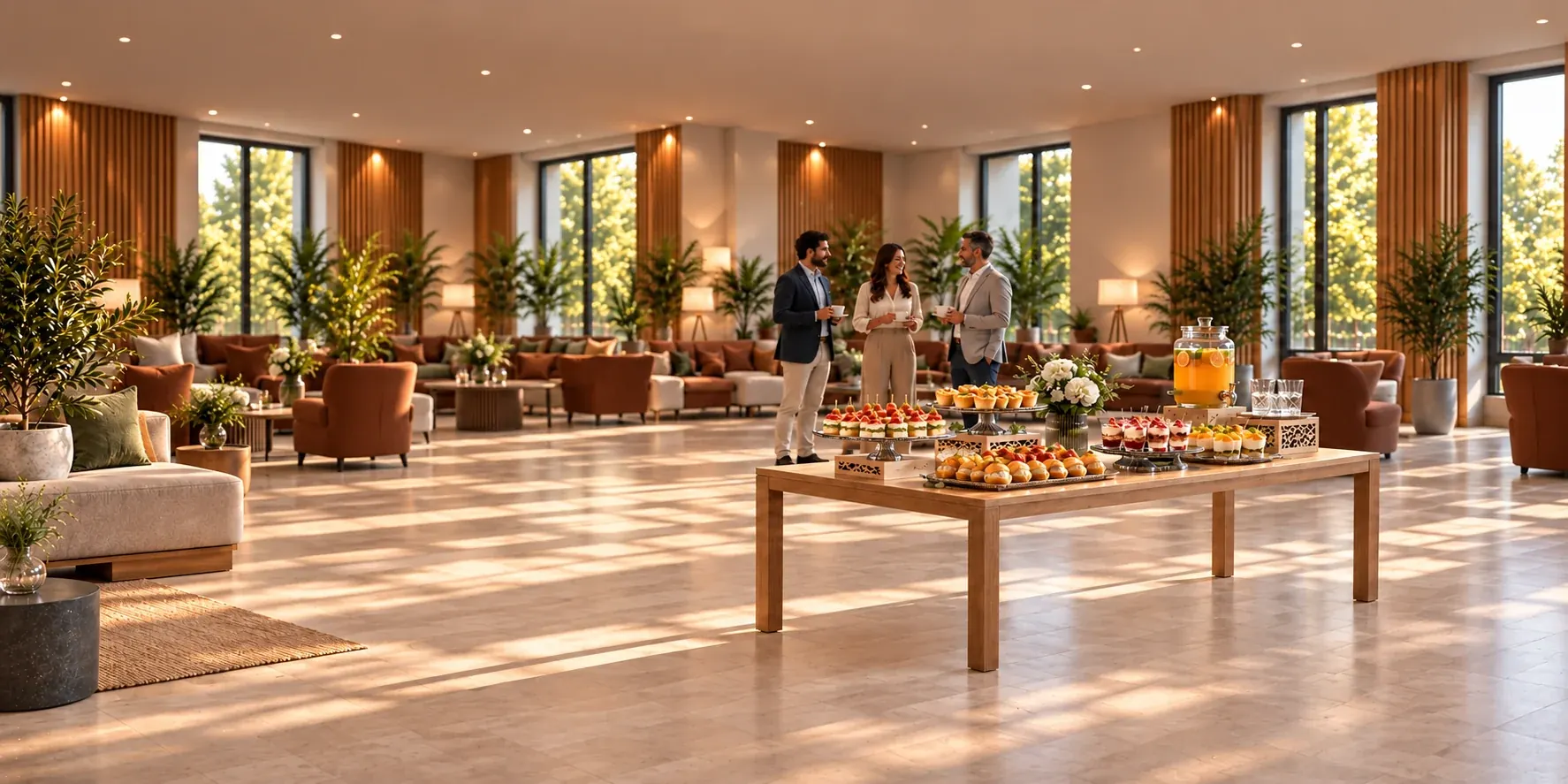 Ambientação ilustrativa de coffee break casual, com finger food em primeiro plano e pessoas ao fundo